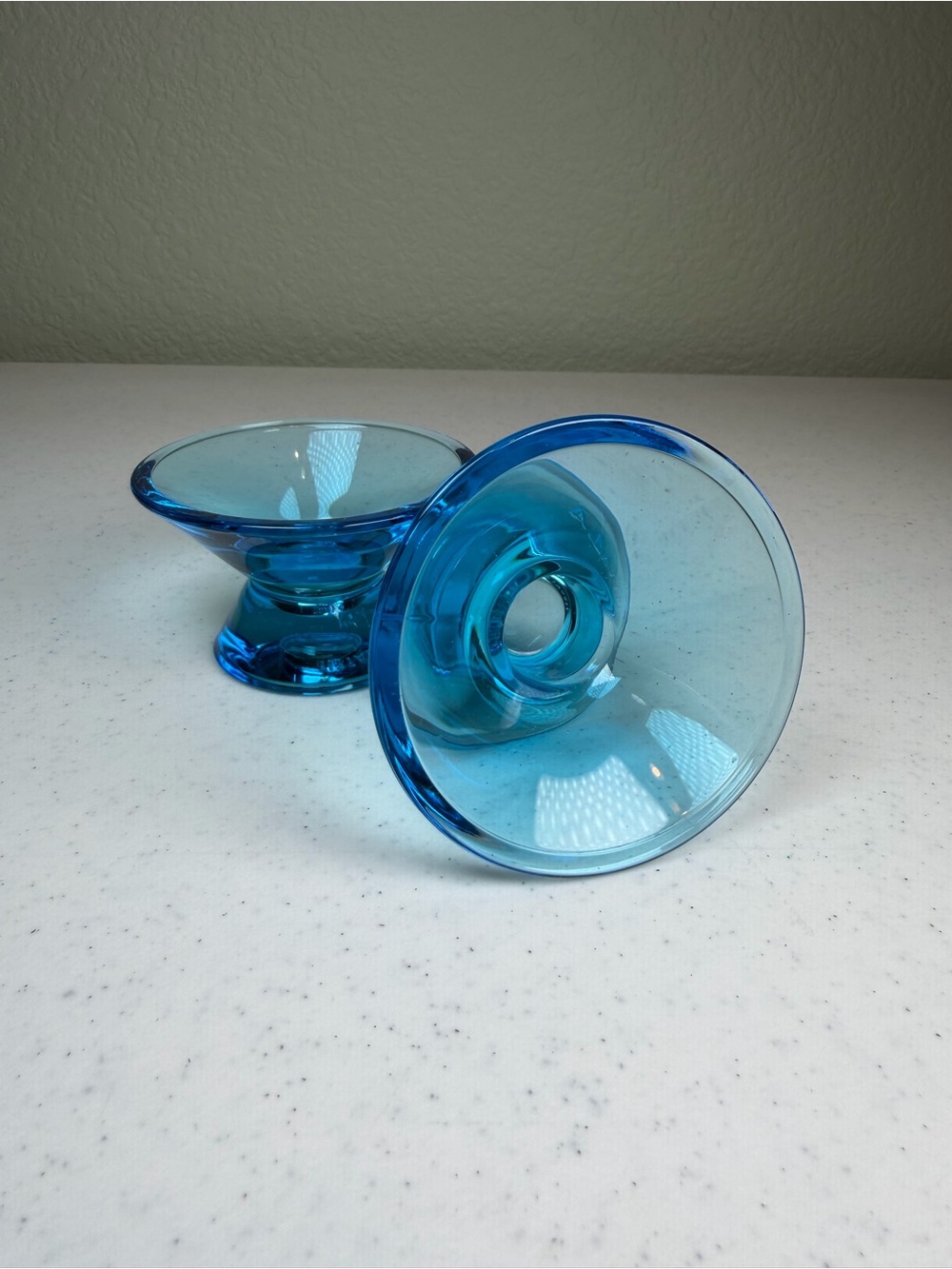 Iittala Turquoise Blue Glass Bowls / Candle Holders Set of 2 Vintage MCM